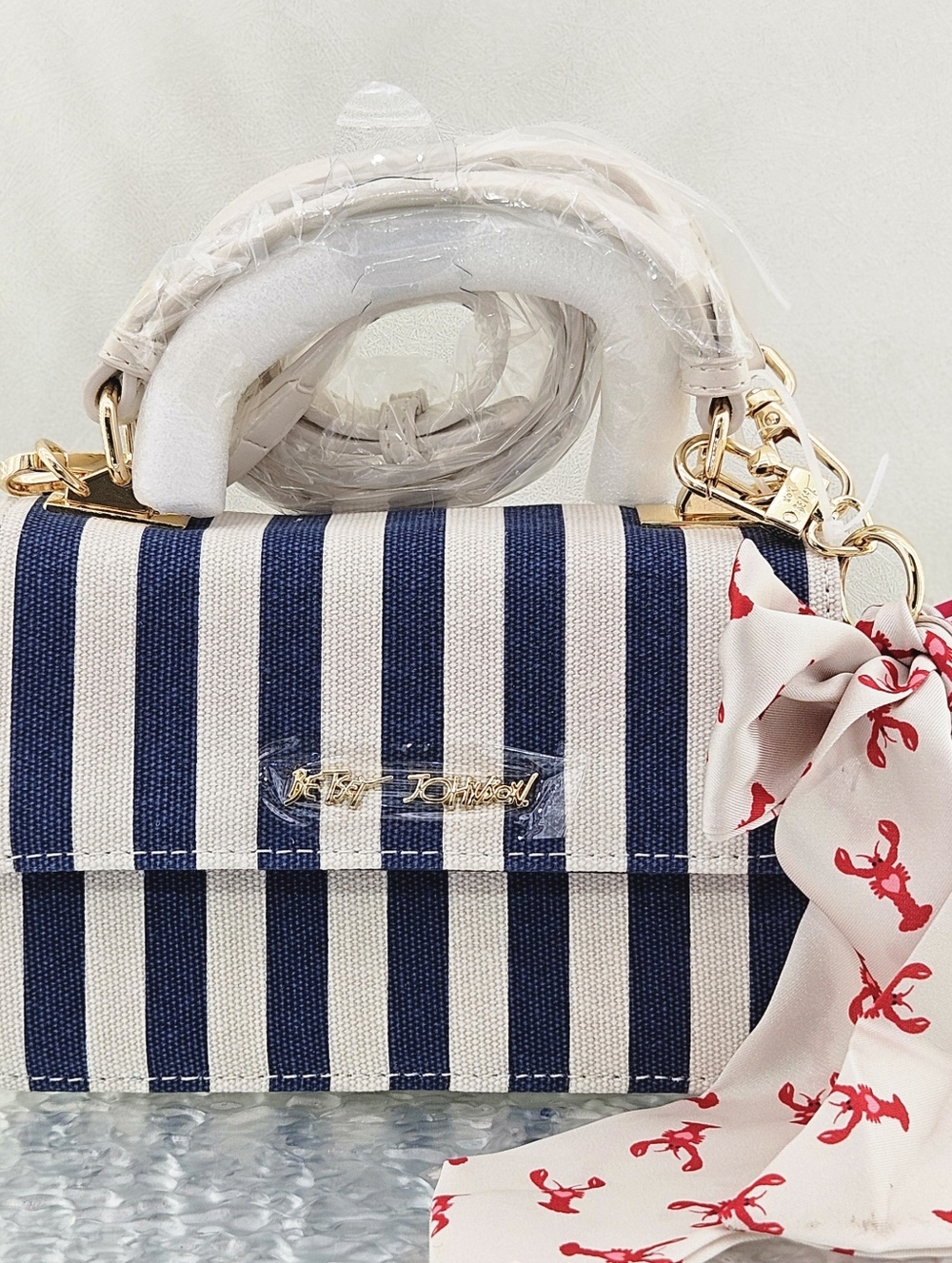 Betsey Johnson Jules Striped Crossbody Bag Lobster Ribbon Nautical Cottagecore